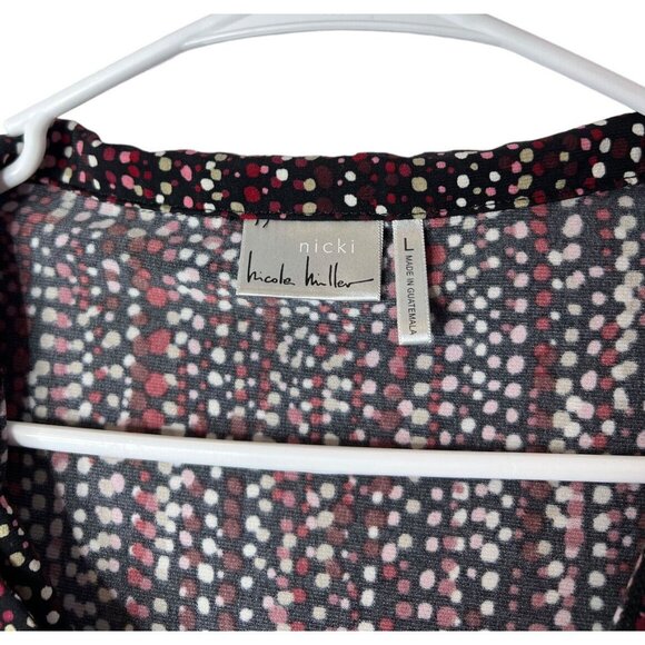 Nicki By Nicole Miller Womens Top L Multicolor Long Sleeve Collared Cinched Dots - Picture 4 of 6